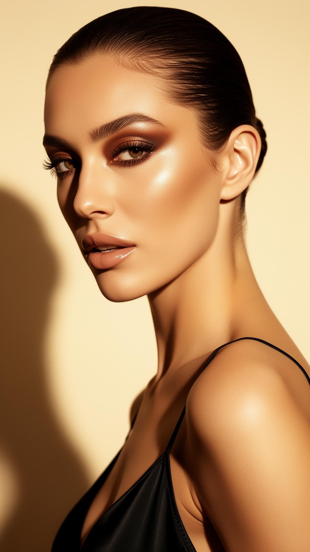 Bridal and editorial beauty portrait with sculpted, luminous skin